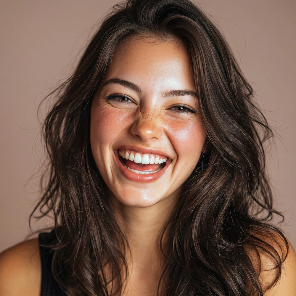 Tatti sorrindo, com cabelos castanhos ondulados